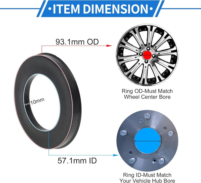 VekAuto 93.1mm to 57.1mm Car Wheel Hub Centric Rings Black Polycarbonate Wheels Center Shaft Shock Absorbing Hubrings 4 Pcs - Image 3